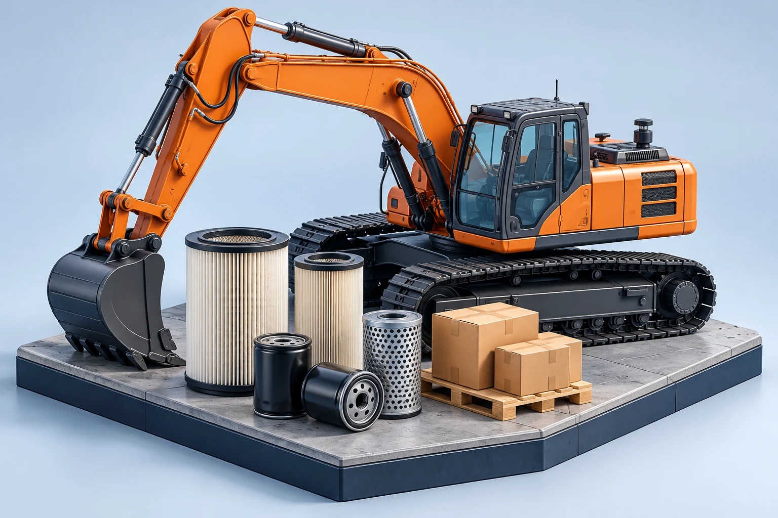 Concept illustration of an excavator with generic oil, air and hydraulic filter families
