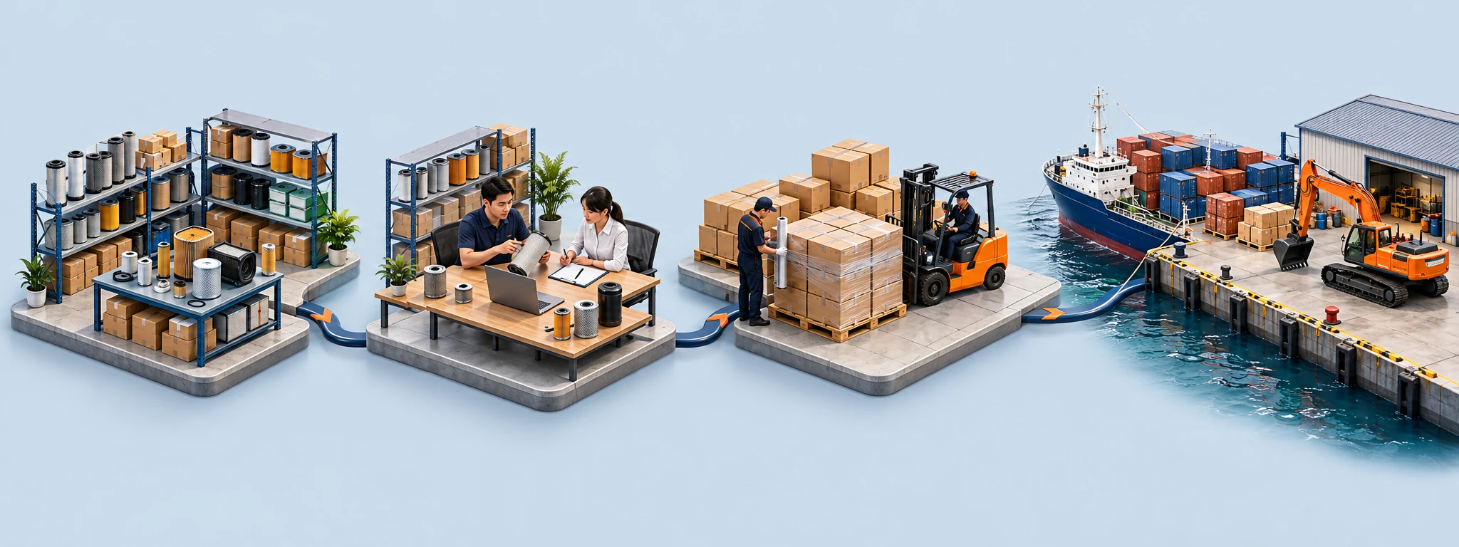 Conceptual sourcing journey showing filter requirements, supplier coordination, packing and port shipment